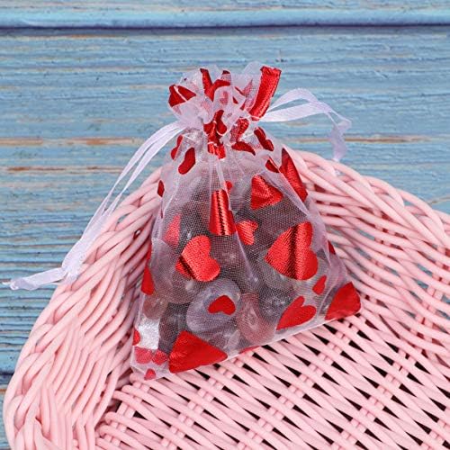 KESYOO 50 Pcs Organze hediye çantası Kırmızı Kalp Sheer Şeker İpli Çanta Düğün Parti Örgü Tedavi Çanta Takı Torbalar için Düğün