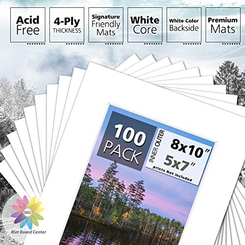 Mat Kurulu Merkezi, 5x7 Fotoğraf için 8x10 Resim Mat Setleri. Bir Paket içerir 100 Beyaz Çekirdek Konik Önceden Kesilmiş Beyaz