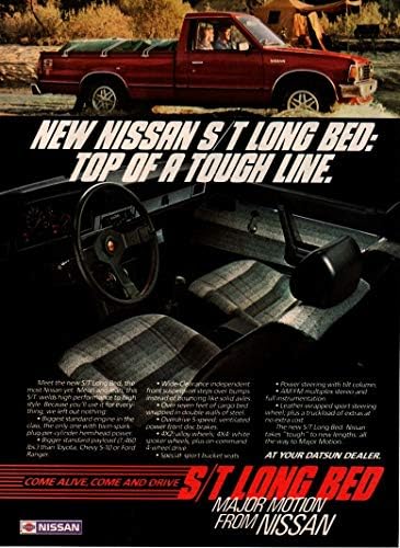 Dergi Baskı ilanı: 1985 Nissan S / T Uzun Yataklı 4X2, 4X4 Kamyonet, Zorlu bir Çizginin Tepesi. Nissan'dan Büyük Hareket