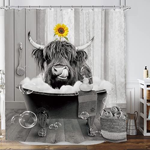 LGhtyro Komik Yayla Inek Duş Perdesi Banyo Seti 60 W x 71 H Inç Hayvan Boğa Küvet Ayçiçeği Kabarcık Çiftlik Sevimli Rustik Ülke