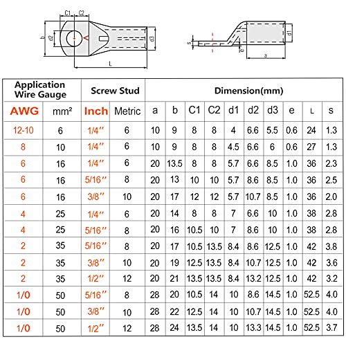 AIRIC 12-10 Ölçer Tel Pabuçları 1/4 Saplama (M6) 30 adet UL Ağır Pil Kablo Pabuçları 12-10 AWG 1/4 Saplama Kablo Uçları Kalaylı