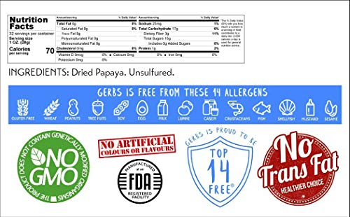 GERBS Şekersiz Kurutulmuş Papaya Dilimleri, 32 onsluk Torba, Sülfürsüz, Koruyucu, En İyi 14 Gıda Alerjisi İçermez