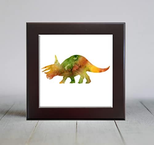 Triceratops Yeşil Kahverengi Soyut Suluboya Sanat Dekoratif Karo (4.25 X 4.25)