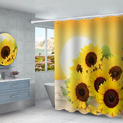 4 ADET Ayçiçeği Duş Perdesi Setleri Dayanıklı Sarı Banyo Dekor Seti Aksesuarları Güneş Banyo Halıları 12 Kanca ile Set