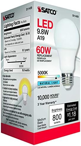 Satco 11409 Econo LED A19 Ampul, 60W Değiştirme, 5000K Doğal Beyaz, 800 Lümen