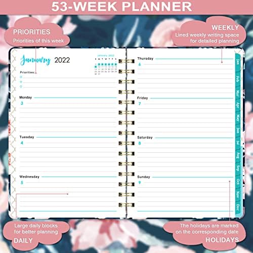 2022 Planner - Planner 2022 Haftalık ve Aylık Sekmeli, 6,3 x 8,4, Ocak - Aralık 2022, Arka Cepli Ciltli + Kalın Kağıt + Çift