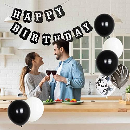 ANSOMO Siyah ve Beyaz Mutlu Doğum Günü Partisi Süslemeleri, 30 Adet Balonlar Afiş Folyo Saçak Perdeler, Erkekler Kadınlar için