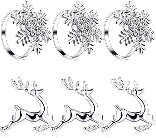 6 Parça Noel Peçete Halkaları Set, Elk Chic Peçete Halkaları ve Rhinestone Kar Tanesi Peçete Halkaları Noel Düğün Doğum Günü