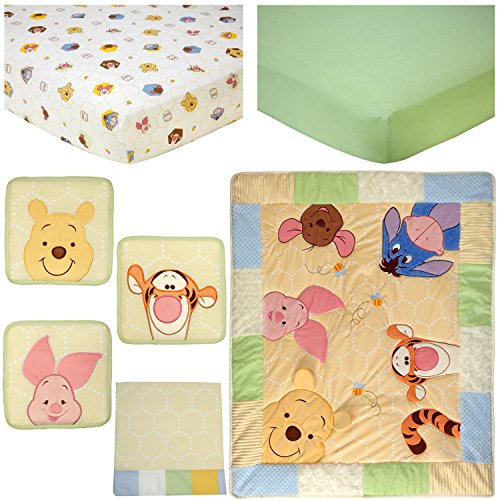 Disney Winnie The Pooh Peeking Pooh 7 Parça Kreş Beşik Yatak Seti-Aplike / Dokulu Yorgan, 2 %100 % Pamuk Donatılmış Beşik Çarşaf,