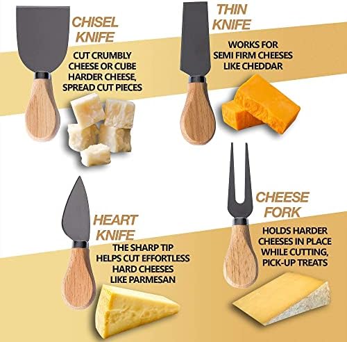 Bambu Peynir Tahtası ve Bıçak Seti-Çatal Bıçak Takımı ile Şarküteri Panoları - 4 Paslanmaz Çelik Bıçak-Şarap ve Peynir Severler
