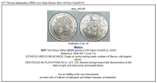 1977 bilinmeyen 1977 Meksika Bağımsızlık kahramanı Jose Maria Morelos 100 Peso İyi Sertifikasız
