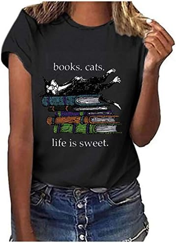 Kitap kedi Hayat Tatlı-Kitap Sevgilisi T-Shirt Atasözü ıle Kadınlar ıçin Komik Mektup Grafik Tees Casual Kısa Kollu Tops