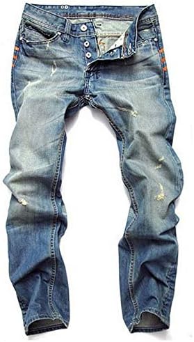 Erkek Vintage Sıkıntılı Yırtık Kot Retro Delik Ince Yıkanmış Denim Pantolon Sıska Düz Bacak Jean Pantolon (Açık Mavi, 38)