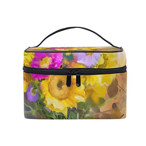 Kozmetik çantası ayçiçeği çiçek suluboya bahar çiçekleri kadın makyaj çantası seyahat depolama Organizatör