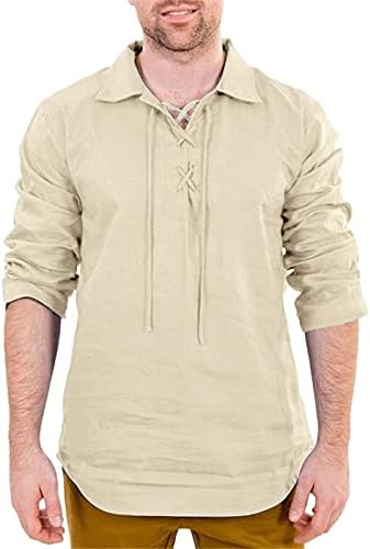 WOCACHİ Henley Gömlek Mens için, Dantel-up Turn-aşağı Yaka Katı Casual Gömlek Uzun Kollu İpli Rahat Tee Tops