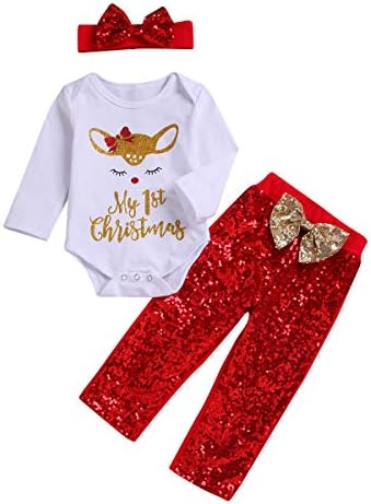 Benim 1st Noel Yenidoğan Bebek Kız Romper Tops Pullu Pantolon Kıyafet Giyim ile Kafa Bandı