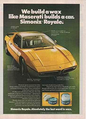 Dergi Baskı İlanı: 1974 Sarı Maserati Bora, 25.000, Simoniz Royale Car Wax için, Maserati'nin Bir Araba İnşa Ettiği Gibi Bir