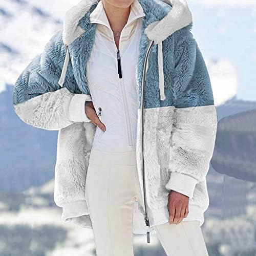 Artı Boyutu Ceket Kadınlar için Uzun Kollu Polar Ceketler Peluş Kapşonlu Kabanlar Renk Blok İpli Kış Tops