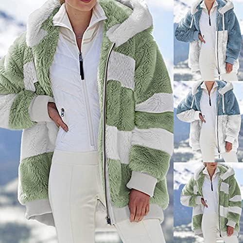Artı Boyutu Ceket Kadınlar için Uzun Kollu Polar Ceketler Peluş Kapşonlu Kabanlar Renk Blok İpli Kış Tops